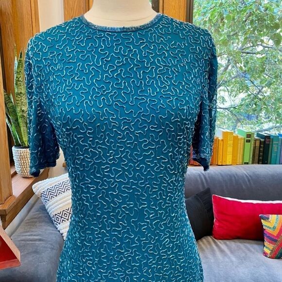 Vintage 100% Silk Peacock Teal Beaded Cocktail Dress - Picture 5 of 13